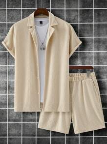 Manfinity Homme 男士滿版印花襯衫&短褲 - 卡其色 - 查看 4