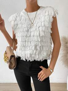 SHEIN Unity Solid Fringe Trim Sweater Vest - White - View 5