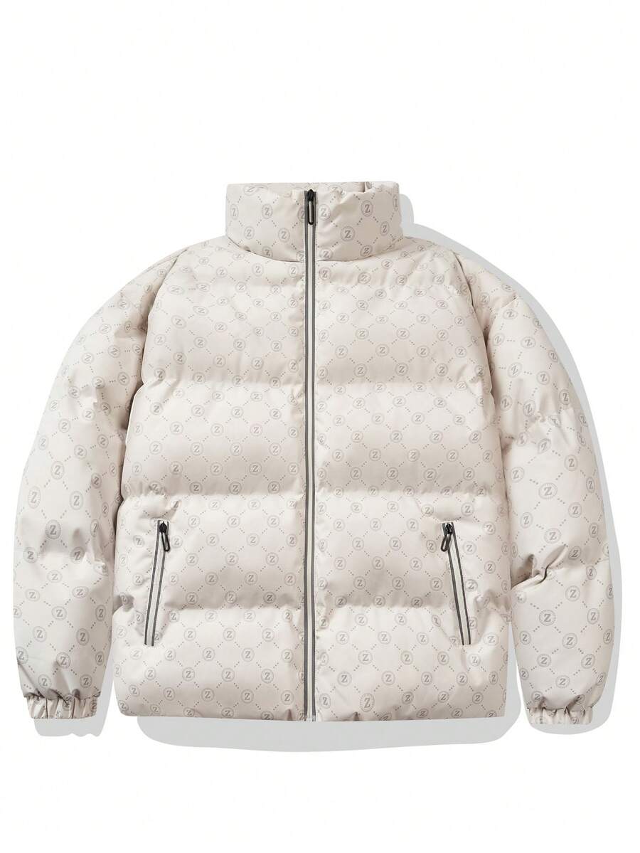 男士满版印花拉链夹棉大衣 - 卡其色 - 查看 1