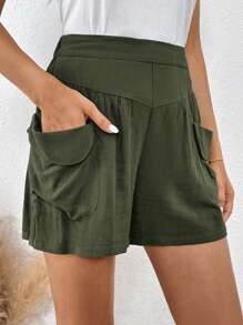 SHEIN LUNE High Waist Dual Pocket Shorts - Army Green - View 1
