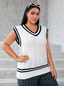 SHEIN EZwear Plus Striped Trim Cable Knit Sweater Vest