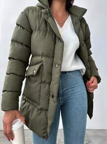 EURMUSE Dual Pocket Puffer Coat - Dark Green - View 4