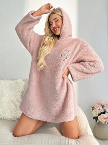 Thêu trái tim Thả vai áo có mũ Teddy Váy ngủ - Màu Hồng baby - Xem 1