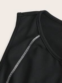 SHEIN EZwear 拼接滾邊拉鏈開襟彈力緊身連體褲 - 黑色 - 查看 6