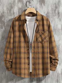 Manfinity Homme Nam In kẻ sọc Vá Túi Áo khoác kiểu sơ mi - Màu Khaki - Xem 3