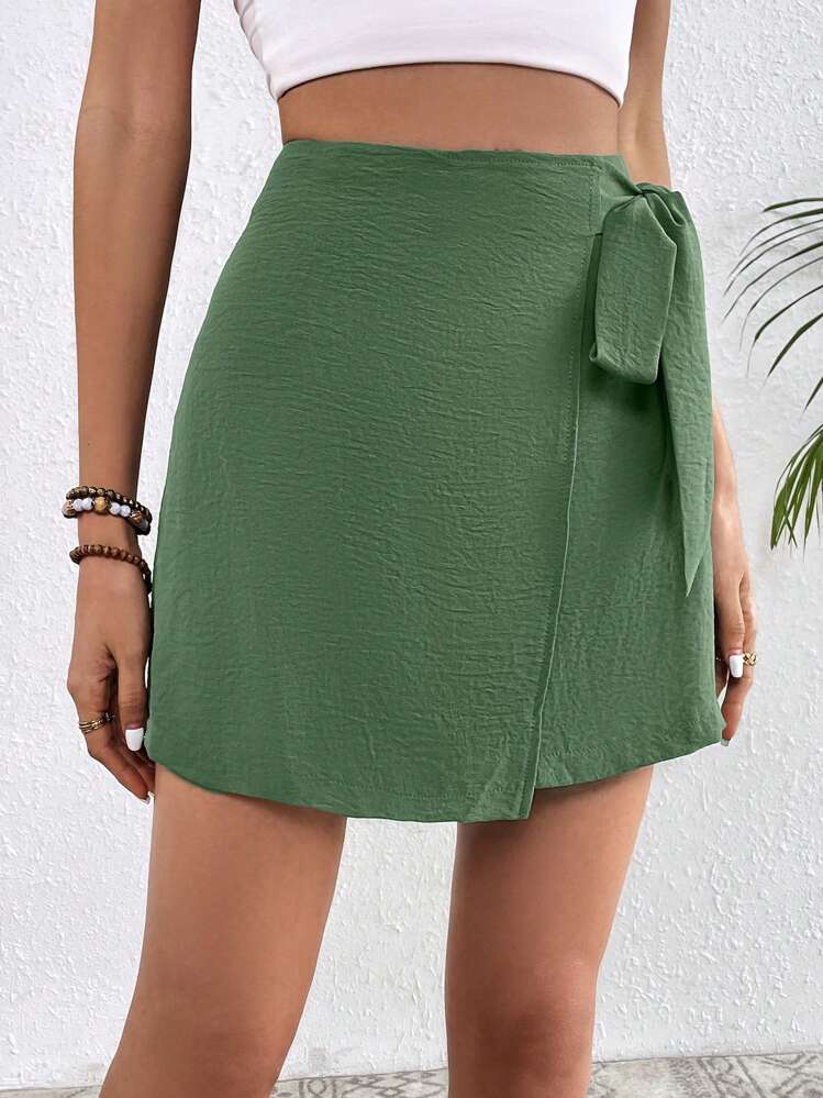 SHEIN VCAY Falda cruzada unicolor con nudo lateral - Verde - Ver 4