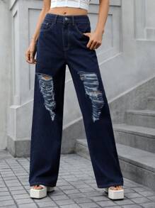 SHEIN Essnce Ripped Straight Leg Jeans - Blue - View 5