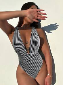 SHEIN Bañador una pieza de rayas de cuello profundo - Blanco y Negro - Ver 1