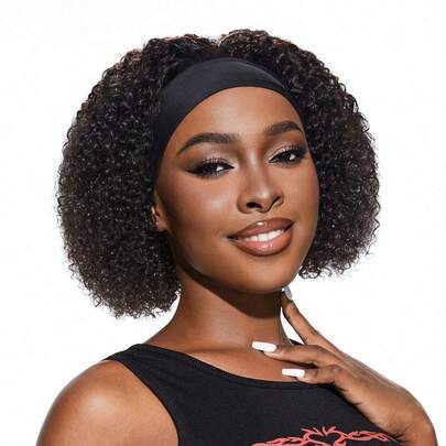 Kinky Curly Short Short Human Hair Natural Black Color Wig With Headband Wig For Women