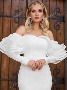 Faeriesty Off Shoulder Ruffle Trim Floor Length Wedding Dress White Elegant Long Sleeve Bridal Dress,Bride