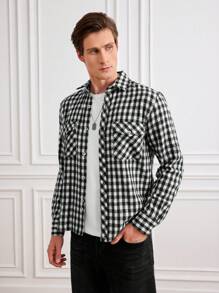 SHEIN Cottnline Men Gingham Print Flap Pocket Shirt - Black and White - View 1