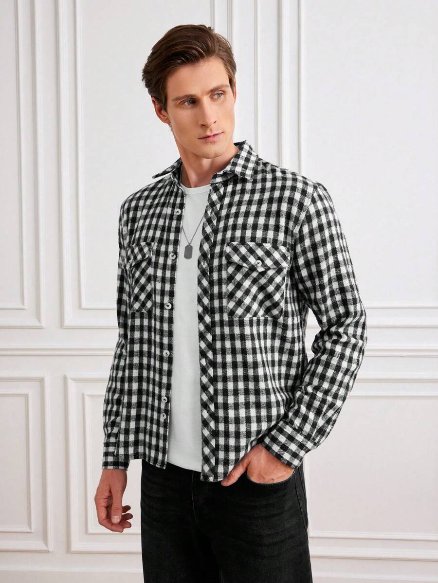 SHEIN Cottnline Men Gingham Print Flap Pocket Shirt - Black and White - View 1