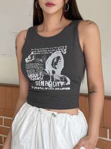 DAZY Figure & Slogan Graphic Tank Top - Grey - View 1