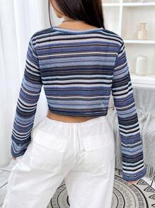 SHEIN EZwear 條紋印花短款T恤 - 藏蓝色 - 查看 2