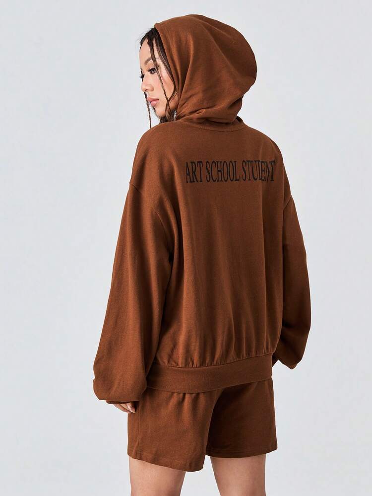 Cartoon Graphic Drop Shoulder Drawstring Hoodie & Shorts