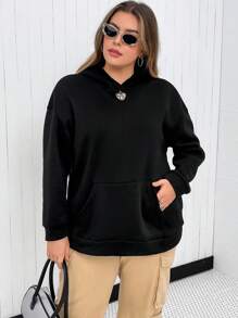 Flirla Plus Size Letter Embroidery Drop Shoulder Sweatshirt Pullover Fall Sweatshirt - Black - View 2