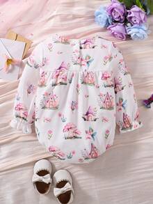 女嬰花卉圖案&蘑菇圖案荷葉邊喇叭袖連身背心 - 白色 - 查看 2