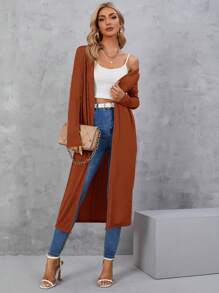 BizChic Solid Open Front Longline Coat In Fall/Winter - Rust Brown - View 4