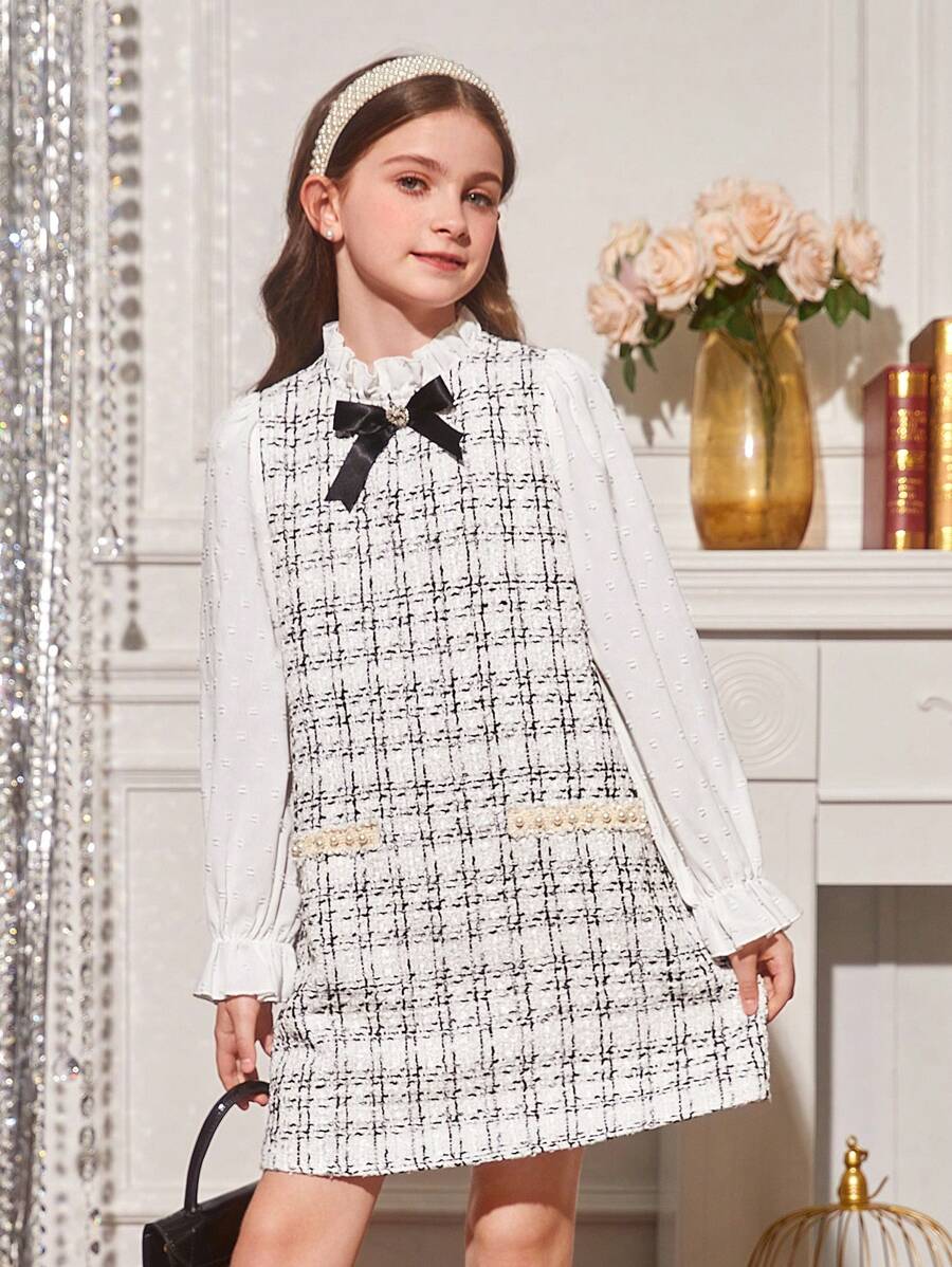 SHEIN Tween Girl Plaid Pattern Bow Front Flounce Sleeve Tweed Dress - Black and White - View 1