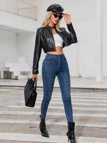 SHEIN Privé Dây kéo Mùa vụ chất liệu da PU Áo khoác - màu đen - Xem 4