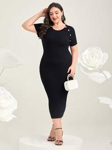 Modelyn 大碼紐扣細節緊身毛衣洋裝 - 黑色 - 查看 5