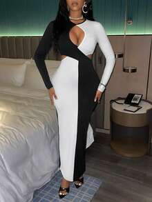 Slaydiva Vestido ajustado de dos tonos con abertura - Blanco y Negro - Ver 3