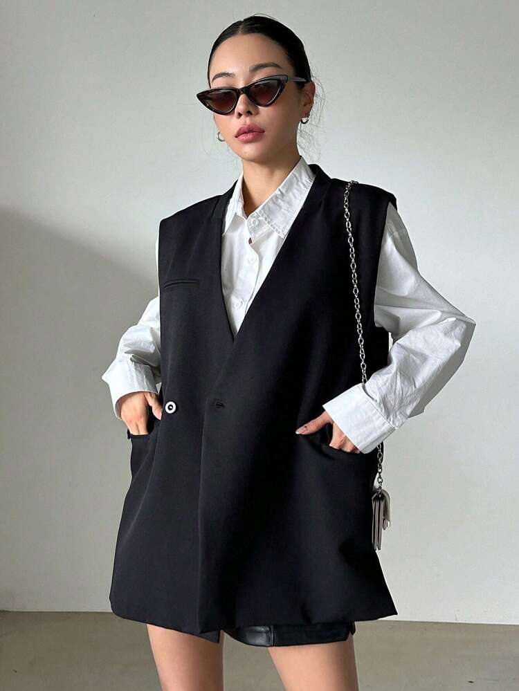Solid Dual Pocket Vest Coat Women Jacket,Fall Women Clothes