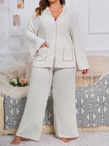 Plus Contrast Piping Drop Shoulder PJ Set / Pajama Set - Apricot - View 2
