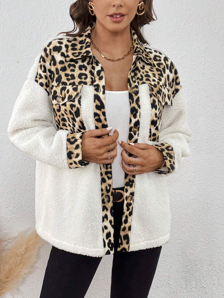 SHEIN LUNE Leopard Print Drop Shoulder Teddy Coat - Multicolor - View 1