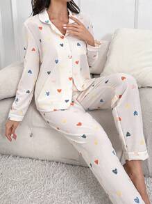 Heart Print Contrast Piping PJ Set / Pajama Set - Beige - View 4