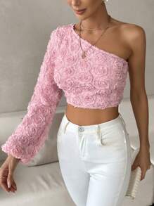 SHEIN Privé One Shoulder Lantern Sleeve Crop Blouse - Pink - View 4