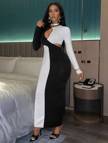 Slaydiva Vestido ajustado de dos tonos con abertura - Blanco y Negro - Ver 4