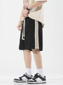 男士側拼接織帶腰部抽繩短褲 - 黑色 - 查看 1