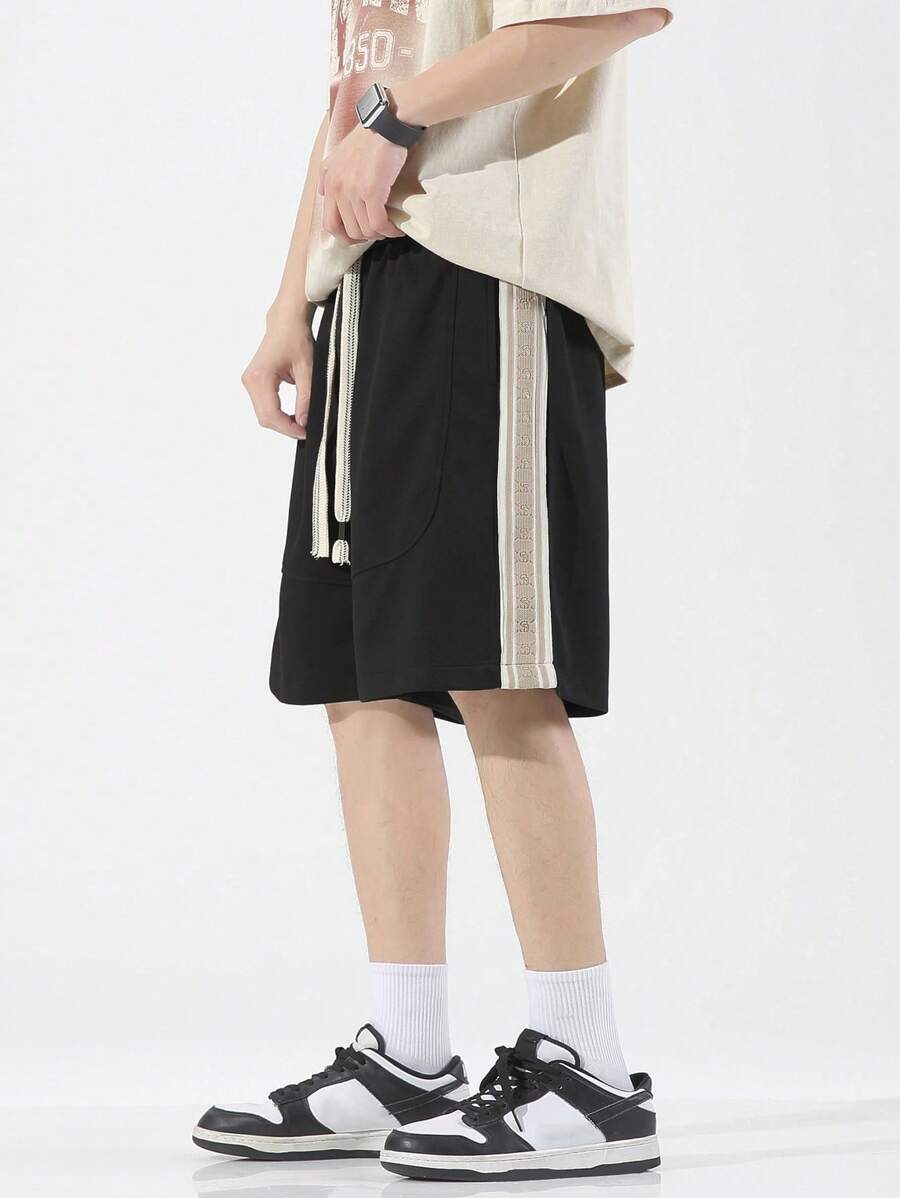 男士側拼接織帶腰部抽繩短褲 - 黑色 - 查看 1