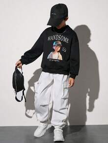 SHEIN Tween Boy Slogan & Figure Graphic Drop Shoulder Sweatshirt Without Necklace - Black - View 5