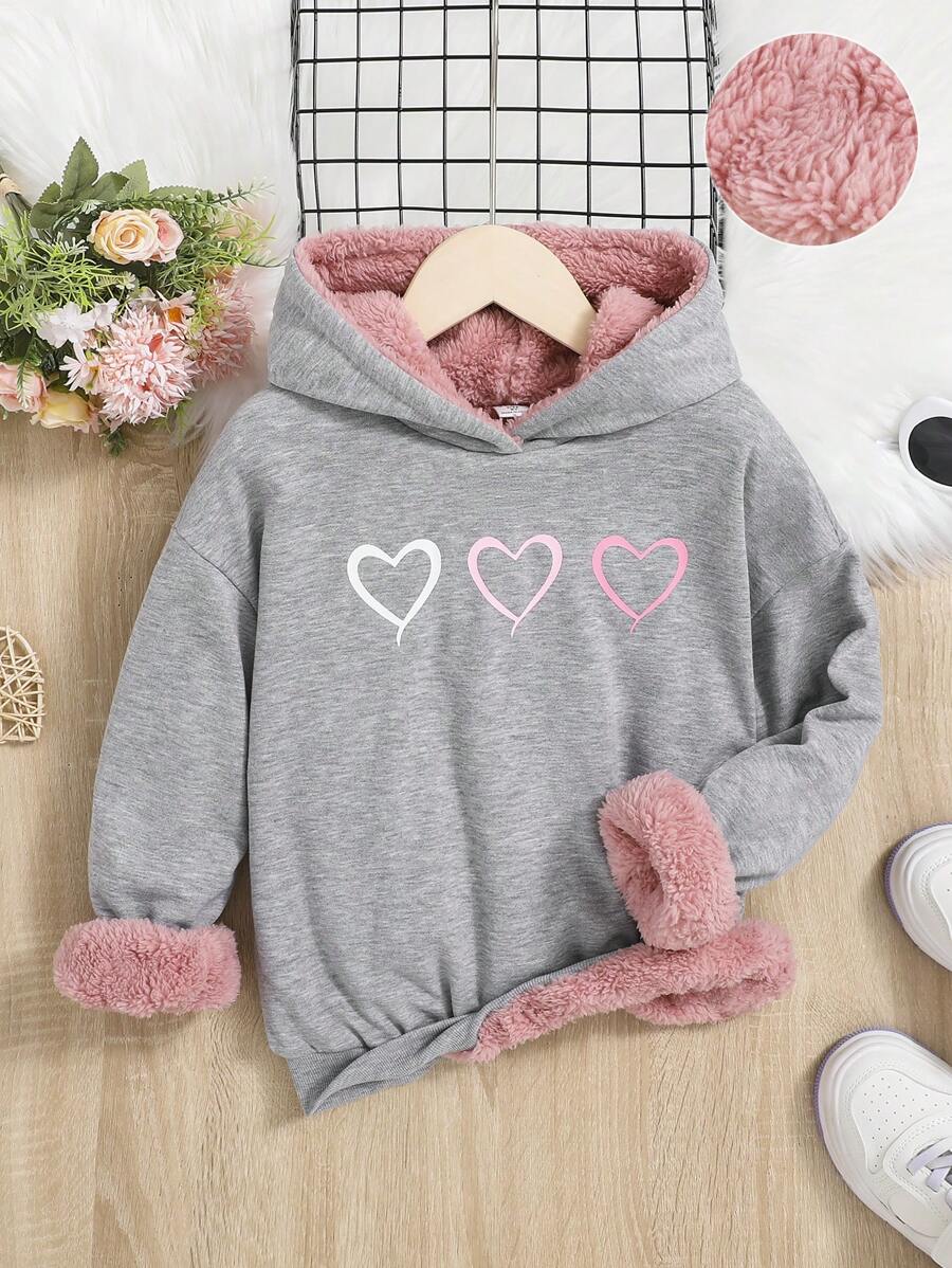 SHEIN Áo nỉ lót lông gấu bông in hình trái tim dành cho bé gái tuổi teen - Màu Xám nhạt - Xem 1