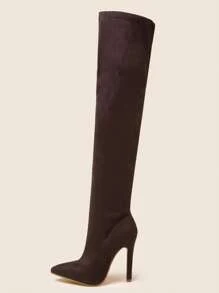高跟鞋彈性過膝靴帶側拉鍊和尖頭適合女士 - 咖啡棕 - 查看 6