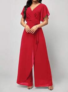 SHEIN Clasi 蝴蝶袖圍裹腰帶闊腿連體褲 - 紅色 - 查看 4