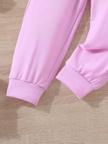 SHEIN Cô Gái Trẻ Đồ họa Chữ cái Áo len & Quần nỉ - Hồng - Xem 4