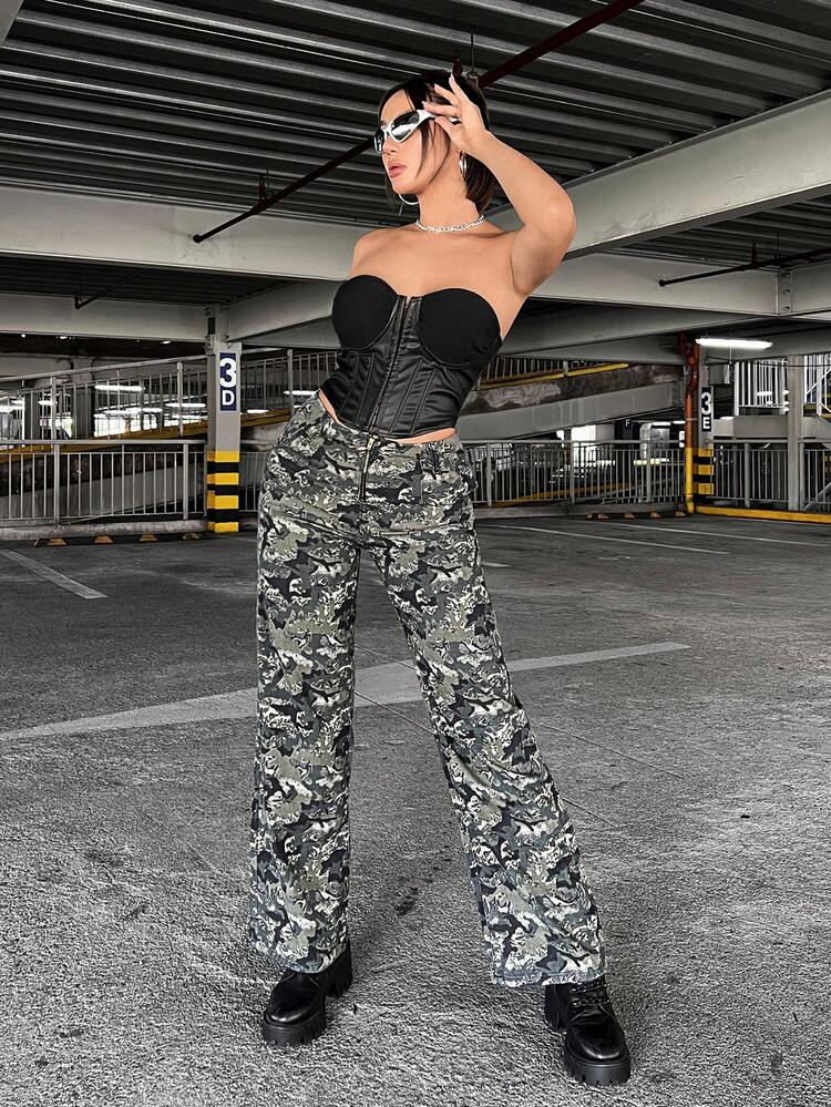 Camo Print Wide Leg Jeans
