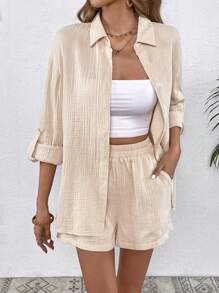 SHEIN VCAY Solid Button Front Shirt & Shorts - Apricot - View 1