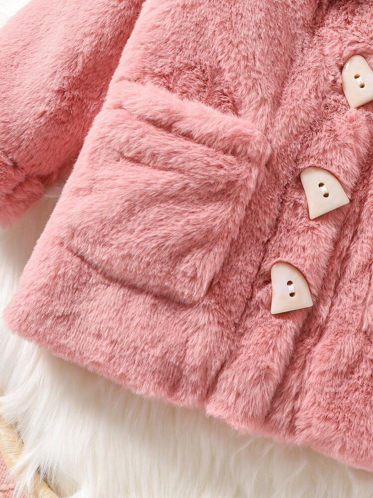 Baby Girl Dual Pocket Button Front Fuzzy Coat With Bag