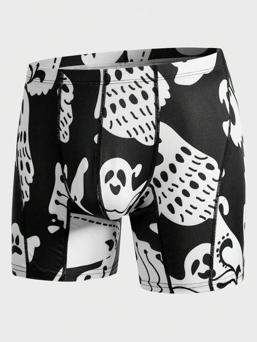 Men Halloween Ghost Print Drawstring Waist Trunks - Black and White - View 1