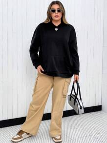 Flirla Plus Size Letter Embroidery Drop Shoulder Sweatshirt Pullover Fall Sweatshirt - Black - View 3