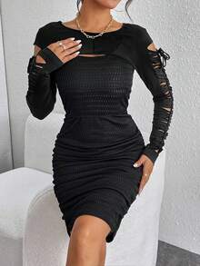 SHEIN Unity 素色繫帶T恤&褶邊緊身洋裝 - 黑色 - 查看 5