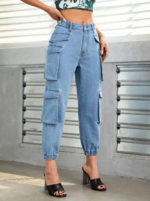 SHEIN PETITE 側翻蓋口袋工裝牛仔褲 - 中等水洗藍 - 查看 3