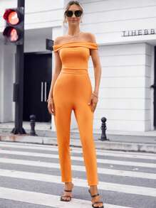 SHEIN Privé Off Shoulder Unitard Jumpsuit - Orange - View 6