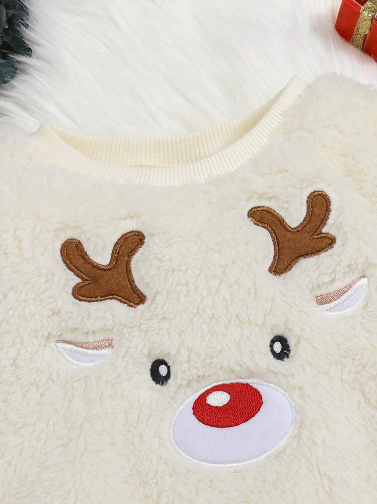 SHEIN Bebé niño Sudadera alce de Navidad con bordado teddy para Navidad - Beis - Ver 3