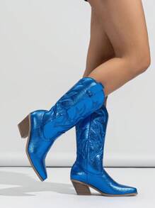 Western Style Embroidery Block Heel Winter Women's Slip-on Boots - Blue - View 2