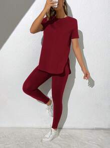 SHEIN Essnce Solid Split Hem Tee & Leggings - Burgundy - View 1